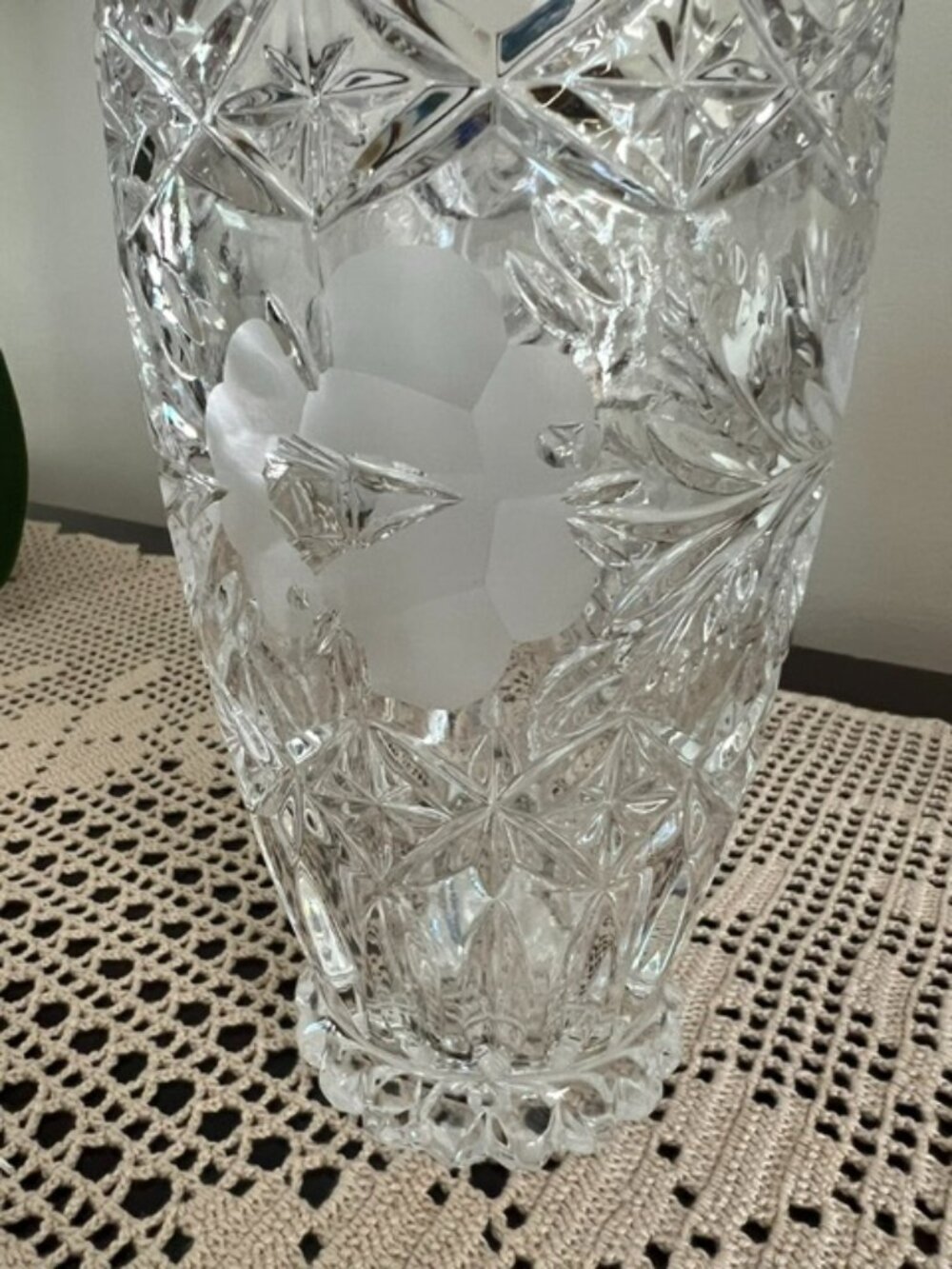 American Brilliant Cut Glass Vase Etched Rose Diamond Points 7" Clear Ornate